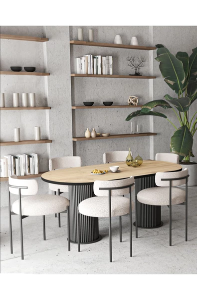 AVVİO Mina Teddy Sandalye 6'lı Ptt Ayak 80x160 Oval Yemek Masası Mutfak Masası Masa Sandalye Takımı - Resim 2
