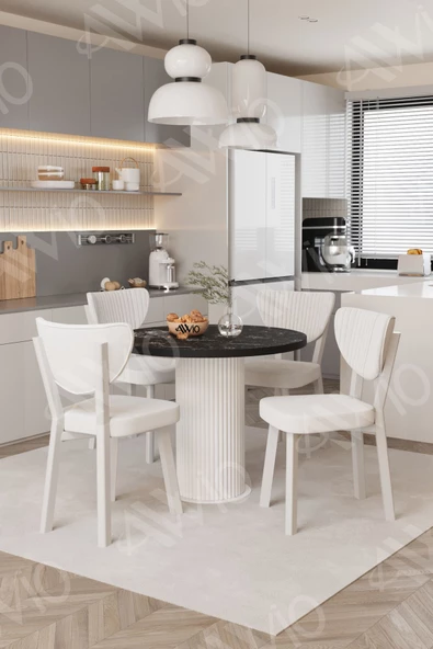 AVVİO Elma Yuvarlak Siyah Mermer Mutfak Masa 4 Adet Sandalyeli Takım - Resim 2