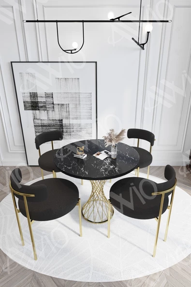 AVVİO Pienna MAT GOLD Teddy Sandalye 90x90 Yuvarlak Yemek Masası Mutfak Masası  Masa Sandalye Takımı - Resim 2