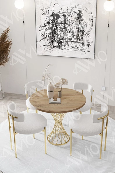 AVVİO Lisa MAT GOLD Teddy Sandalye 90x90 Yuvarlak Yemek Masası Mutfak Masası  Masa Sandalye Takımı - Resim 2