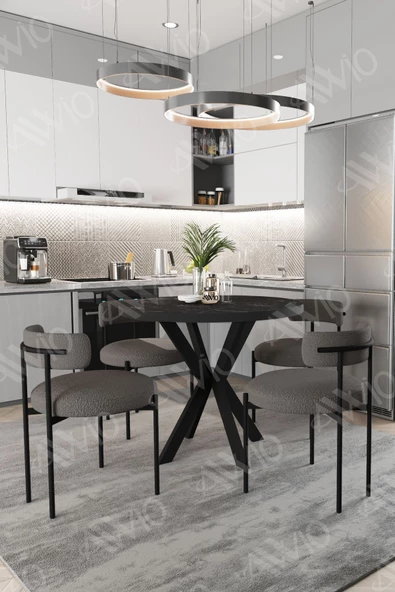 AVVİO Loan Teddy Sandalye 90x90 Yuvarlak Yemek Masası Mutfak Masası 4 Kişilik Masa Sandalye Takımı ürün görseli