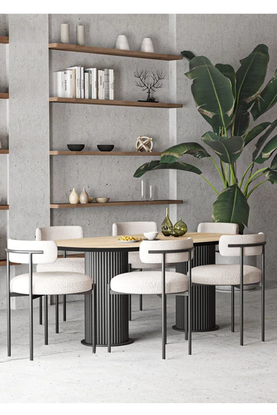 AVVİO Mina Teddy Sandalye 6'lı Ptt Ayak 80x180 Oval Yemek Masası Mutfak Masası Masa Sandalye Takımı ürün görseli