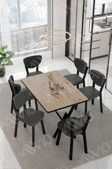 AVVİO VİNA ELMA Sandalye 80x140 Yemek Masası Mutfak Masası 6 Kişilik Masa Sandalye Takım