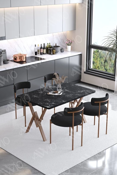 AVVİO Lionte Teddy Sandalye 80x120 Yemek Masası Mutfak Masası 4 Kişilik Masa Sandalye Takımı(BUKLE KUMAŞ) ürün görseli