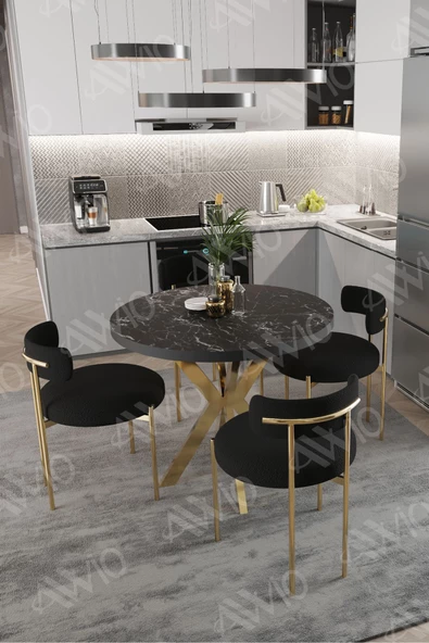 AVVİO VİOLA MAT GOLD Ayak 4'lü Teddy Sandalye 90X90 Masa Sandalye Takımı ( SANDALYE BUKLE KUMAŞ) - Resim 2