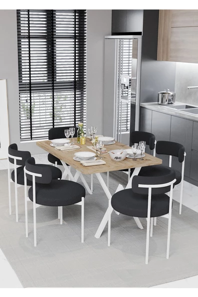 AVVİO Larina Beyaz Teddy Sandalye 80x140 Yemek Masası Mutfak Masası 6 Kişilik Masa Sandalye Takımı - Resim 2