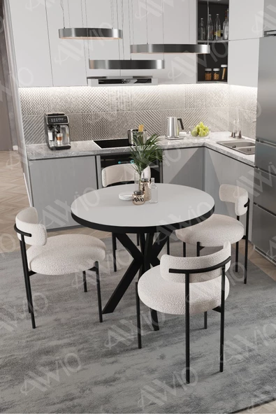 AVVİO Lonya Teddy Sandalye 90x90 Yuvarlak Yemek Masası Mutfak Masası 4 Kişilik Masa Sandalye Takımı - Resim 2