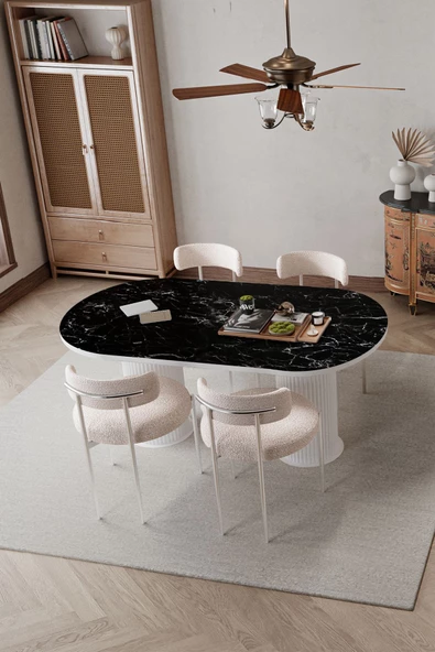 AVVİO Tual  Beyaz PTT Ayak 80X180 Yemek Masası Mutfak Masası Masa TEDDY Sandalye Takımı(BUKLE KUMAŞ) - Resim 2