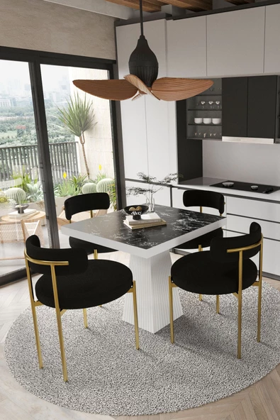 AVVİO ARONA  Beyaz Lake MDF Ayak  90x90 Yemek Masası Mutfak Masası 4 Kişilik Masa Takımı Teddy Sandalye