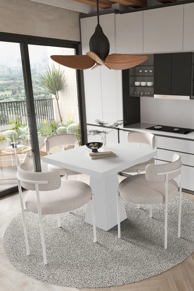 AVVİO Mayer Beyaz Lake MDF Ayak 90x90 Yemek Masası Mutfak Masası 4 Kişilik Masa Takımı Teddy Sandalye ürün görseli