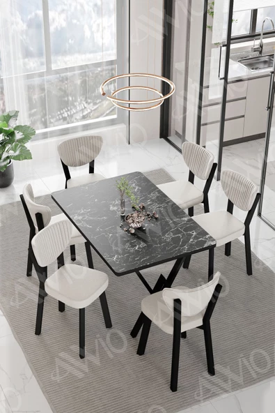 AVVİO DORA  ELMA Sandalye 80x140 Yemek Masası Mutfak Masası 6 Kişilik Masa Sandalye Takım ürün görseli