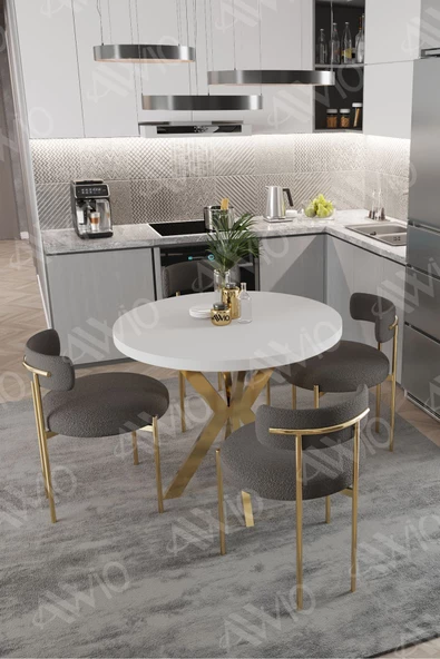 AVVİO FRAME MAT GOLD Ayak 4'lü Teddy Sandalye 90X90 Masa Sandalye Takımı ( SANDALYE BUKLE KUMAŞ) - Resim 2