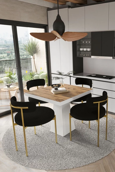 AVVİO ARONA  Beyaz Lake MDF Ayak  90x90 Yemek Masası Mutfak Masası 4 Kişilik Masa Takımı Teddy Sandalye