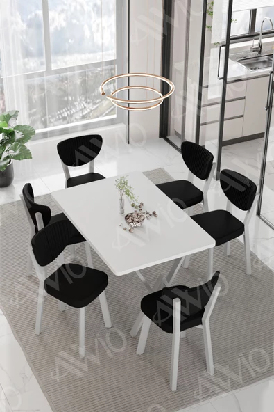 AVVİO RİTA BEYAZ   ELMA Sandalye 80x140 Yemek Masası Mutfak Masası 6 Kişilik Masa Sandalye Takım