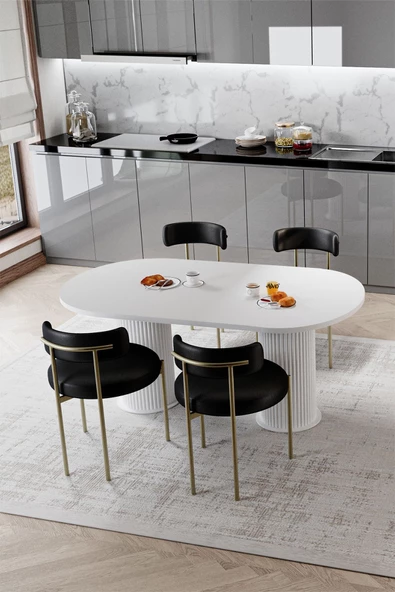 AVVİO RİTA Beyaz PTT Ayak 80X160 Yemek Masası Mutfak Masası Masa Sandalye Takımı(KADİFE KUMAŞ) ürün görseli