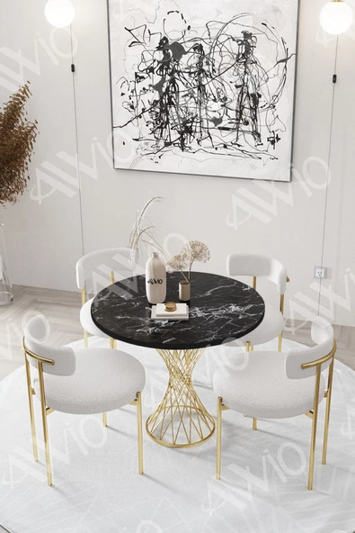 AVVİO Lisa MAT GOLD Teddy Sandalye 90x90 Yuvarlak Yemek Masası Mutfak Masası  Masa Sandalye Takımı - Resim 2