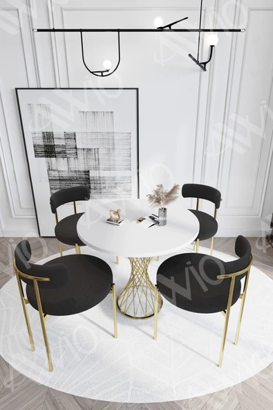 AVVİO Pienna MAT GOLD Teddy Sandalye 90x90 Yuvarlak Yemek Masası Mutfak Masası  Masa Sandalye Takımı - Resim 2