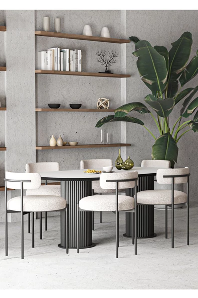 AVVİO Mina Teddy Sandalye 6' Lı Ptt Ayak 80x140 Oval Yemek Masası Mutfak Masası Masa Sandalye Takımı ürün görseli