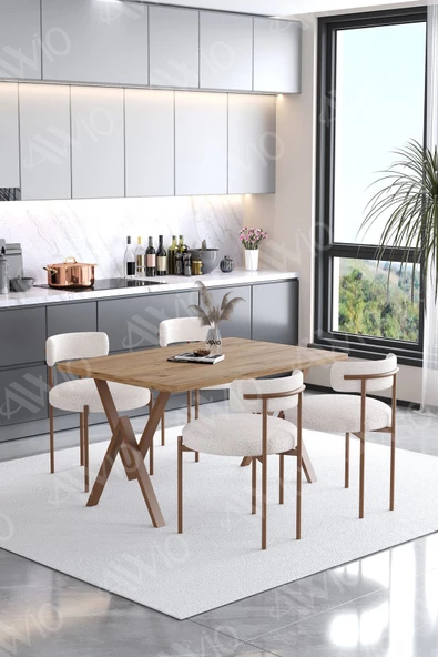 AVVİO Soffice Teddy Sandalye 80x120 Yemek Masası Mutfak Masası 4 Kişilik Masa Sandalye Takımı(BUKLE KUMAŞ) - Resim 2