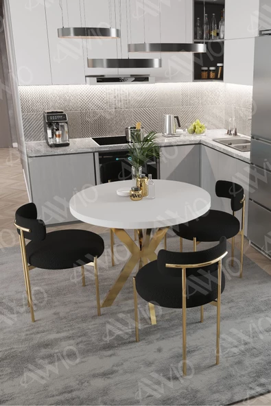 AVVİO VİOLA MAT GOLD Ayak 4'lü Teddy Sandalye 90X90 Masa Sandalye Takımı ( SANDALYE BUKLE KUMAŞ) - Resim 2