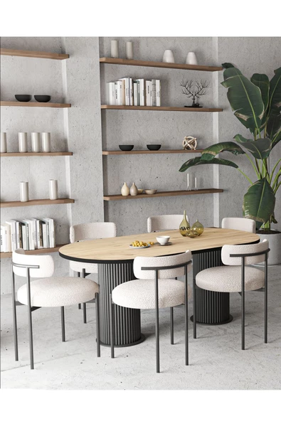 AVVİO Mina Teddy Sandalye 6'lı Ptt Ayak 80x140 Oval Yemek Masası Mutfak Masası Masa Sandalye Takımı - Resim 2