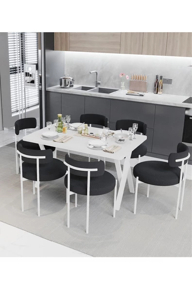AVVİO Larina Beyaz Teddy Sandalye 80x140 Yemek Masası Mutfak Masası 6 Kişilik Masa Sandalye Takımı ürün görseli