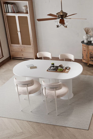 AVVİO Tual  Beyaz PTT Ayak 80X180 Yemek Masası Mutfak Masası Masa TEDDY Sandalye Takımı(BUKLE KUMAŞ) - Resim 2