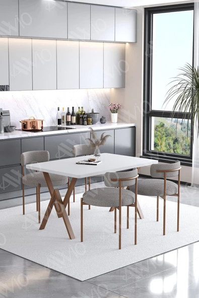 AVVİO Calina Teddy Sandalye 80x120 Yemek Masası Mutfak Masası 4 Kişilik Masa Sandalye Takımı(BUKLE KUMAŞ) - Resim 2