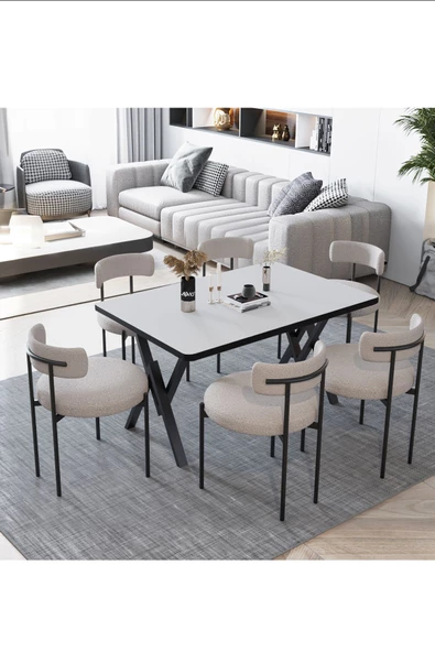 AVVİO Margo  Teddy Sandalye 80x140 Yemek Masası Mutfak Masası 6 Kişilik Masa Sandalye Takımı ürün görseli