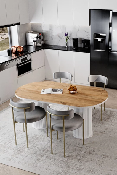 AVVİO ELİZA Beyaz PTT Ayak 80X160 Yemek Masası Mutfak Masası Masa Sandalye Takımı(KADİFE KUMAŞ) ürün görseli