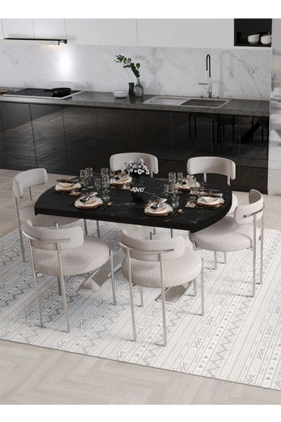 AVVİO Wella  Lak Panel   80x130 Açılır Yemek Masası Mutfak Masası 6 Kişilik Masa Sandalye Takımı - Resim 2