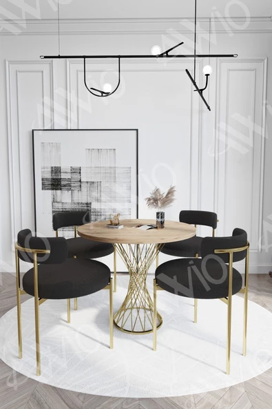 AVVİO Pienna MAT GOLD Teddy Sandalye 90x90 Yuvarlak Yemek Masası Mutfak Masası  Masa Sandalye Takımı - Resim 2