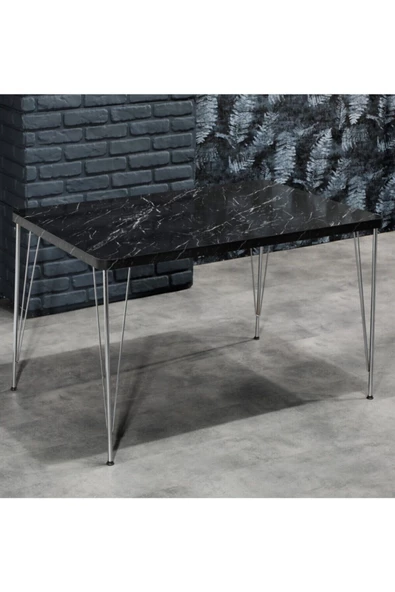 AVVİO Lifos 4 Kişilik Siyah Mermer Görünümlü Metal Mutfak Masası Takımı-gümüş Tel Sandalyeli 80x120 Cm - Resim 2