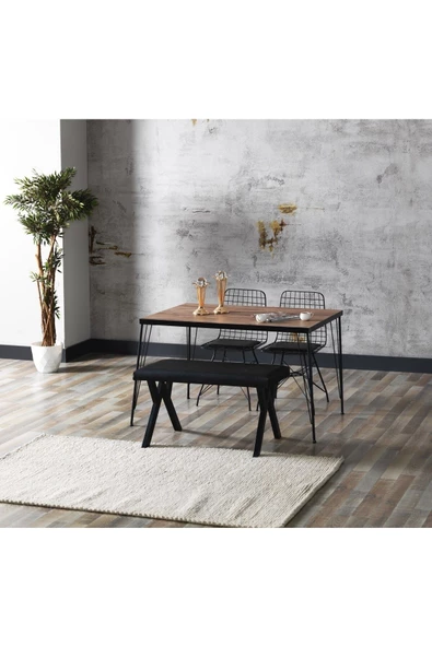 AVVİO 80x120 Akçaağaç Görünümlü Metal Ayaklı Mutfak Masası Ve Bench Takımı ürün görseli