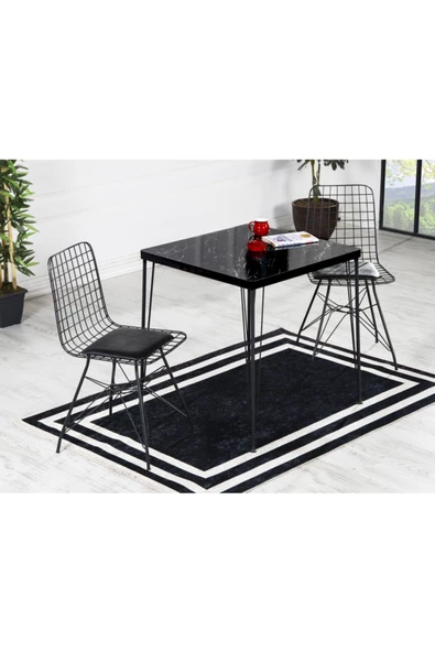 AVVİO Ekru 2 Kişilik Yemek Masası Takımı-mutfak Masası Takımı-siyah Mermer Görünümlü 70x70 Oval Kenar ürün görseli