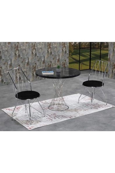 AVVİO 90x90 Asya 2 Kişilik Siyah Mermerli Gümüş Oval Mutfak Masası Takımı