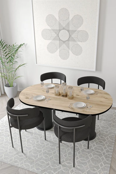 AVVİO Miranda Ptt Silindir Ayak 80x140 Oval Yemek Masası Mutfak Masası Masa Sandalye Takımı(BUKLE KUMAŞ) - Resim 2