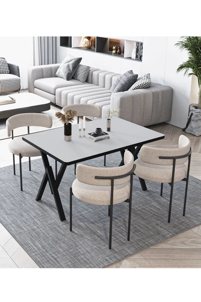 AVVİO Lavinya Teddy Sandalye 80x120 Yemek Masası Mutfak Masası 4 Kişilik Masa Sandalye Takımı(BUKLE KUMAŞ) ürün görseli