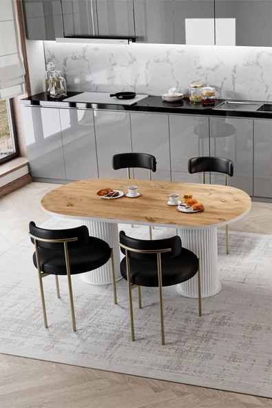 AVVİO RİTA Beyaz PTT Ayak 80X160 Yemek Masası Mutfak Masası Masa Sandalye Takımı(KADİFE KUMAŞ)