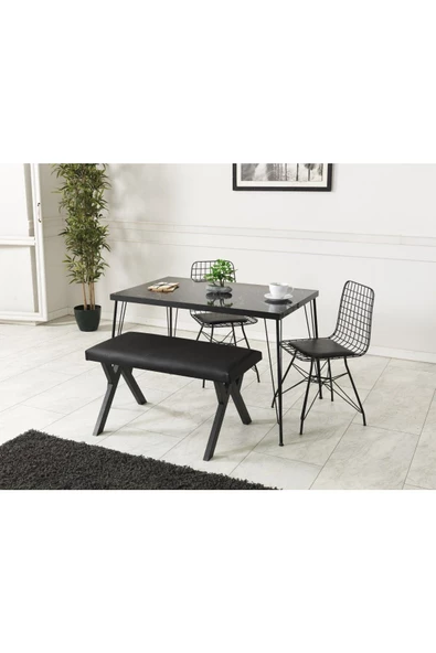 AVVİO 80x120 Asya Siyah Mermer Görünümlü Metal Ayaklı Mutfak Masası Ve Bench Takımı ürün görseli