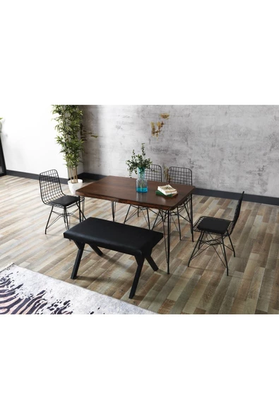 AVVİO 80x120 Asel Doğal Kütük Metal Ayaklı Mutfak Masası Ve Bench Takımı ürün görseli