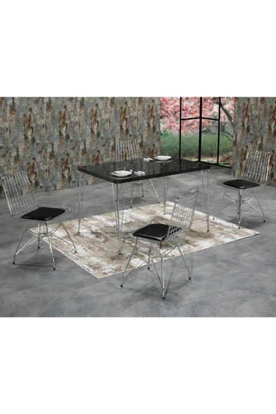 AVVİO Lifos 4 Kişilik Siyah Mermer Görünümlü Metal Mutfak Masası Takımı-gümüş Tel Sandalyeli 80x120 Cm ürün görseli