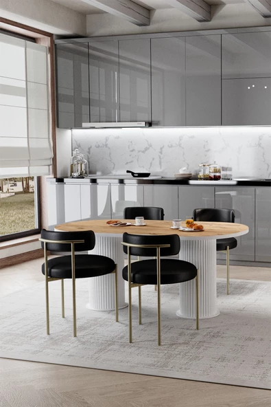 AVVİO RİTA Beyaz PTT Ayak 80X160 Yemek Masası Mutfak Masası Masa Sandalye Takımı(KADİFE KUMAŞ) - Resim 2