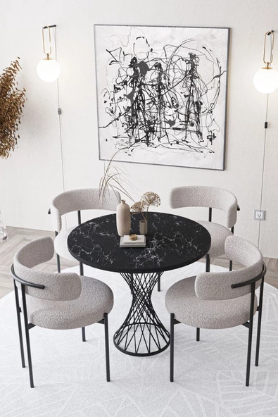 AVVİO Metal Teddy Sandalye 90x90 Yuvarlak Kum Saati Ayak Mutfak Masası Takımı Yemek Masası Takımı - Resim 2