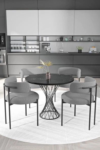 AVVİO Metal Teddy Sandalye 90x90 Yuvarlak Kum Saati Ayak Mutfak Masası Takımı Yemek Masası Takımı - Resim 2