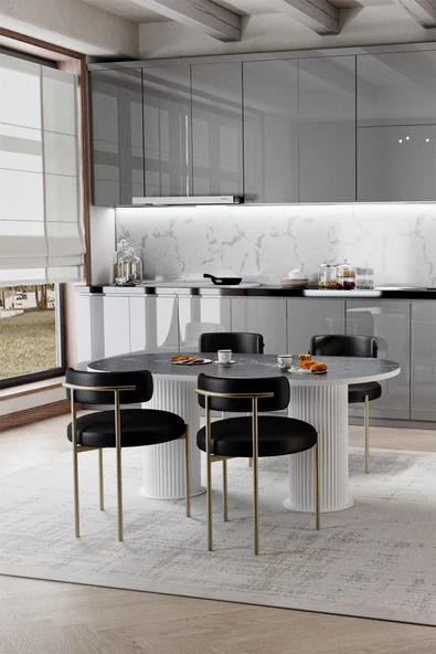 AVVİO RİTA Beyaz PTT Ayak 80X140 Yemek Masası Mutfak Masası Masa Sandalye Takımı(KADİFE KUMAŞ) ürün görseli