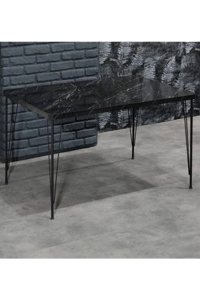 AVVİO Rozalin 4 Kişilik Siyah Mermer Görünümlü Metal Mutfak Masası Takımı-siyah Tel Sandalyeli 80x120 Cm - Resim 2