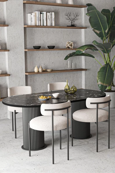 AVVİO Olivya Teddy Ptt Ayak 80x160 Oval Yemek Masası Mutfak Masası Masa Sandalye Takımı (BUKLE KUMAŞ) ürün görseli