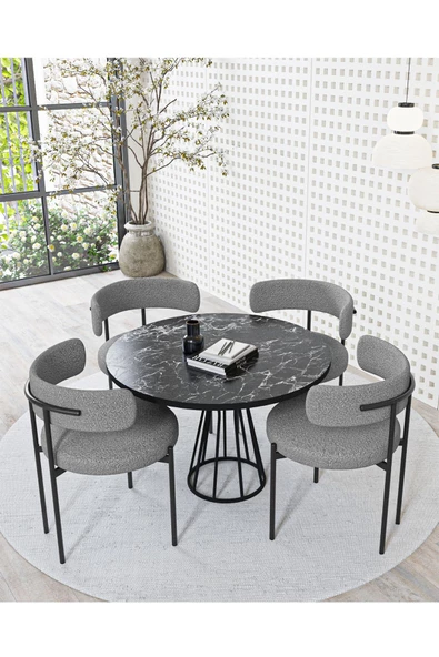 AVVİO Metal Teddy Sandalye 90x90 Yuvarlak Kum Saati Ayak Mutfak Masası Takımı Yemek Masası Takımı - Resim 2
