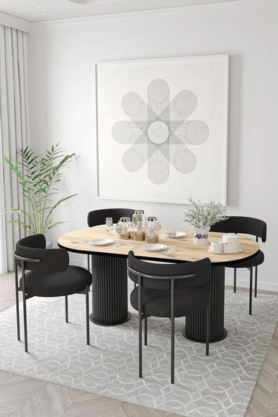 AVVİO Miranda Ptt Silindir Ayak 80x140 Oval Yemek Masası Mutfak Masası Masa Sandalye Takımı(BUKLE KUMAŞ)